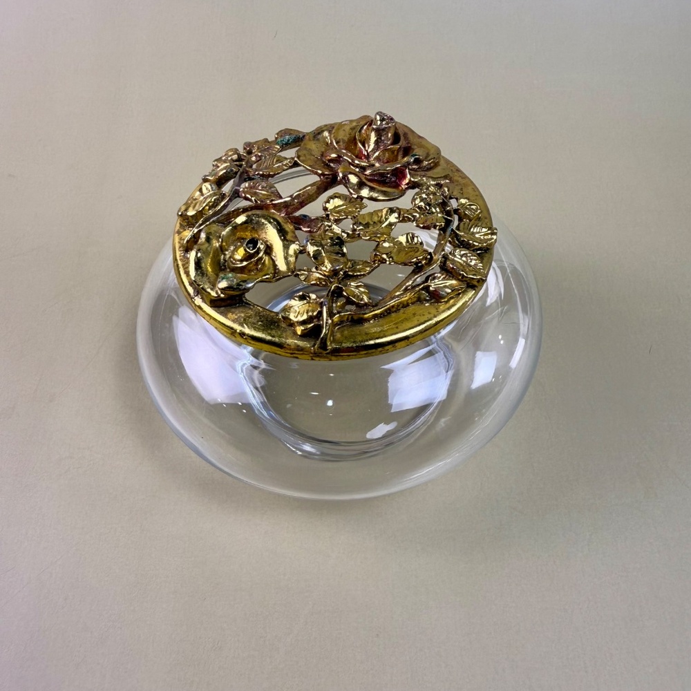 Vintage Glass Trinket Dish with Ornate Brass Rose Lid | Hollywood Regency Style - Picture 9 of 13